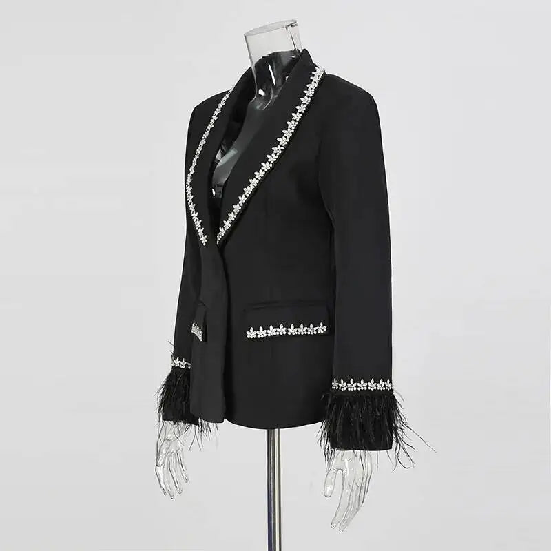 Women Blazer Studded Diamonds Patchwork Cuff Feather Single Button Slim Fit Elegant Jacket High-End Coat New Spring HK11098