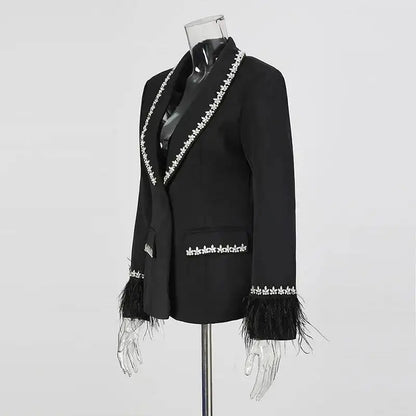 Women Blazer Studded Diamonds Patchwork Cuff Feather Single Button Slim Fit Elegant Jacket High-End Coat New Spring HK11098