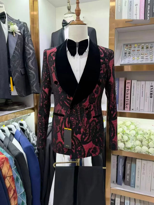 New Men's Patterned Suit Set 2 Pieces Wedding Groom Sets Handsome Elegant Man Slim Fit Tuxedo Business Party Outfit S-3XL