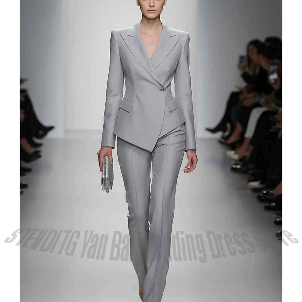 Formal Business Women's Suit 2-Piece Asymmetric Single Button Peak Lapel Jacket Pants Outfit Fashion Show Prom Luxury Chic Set