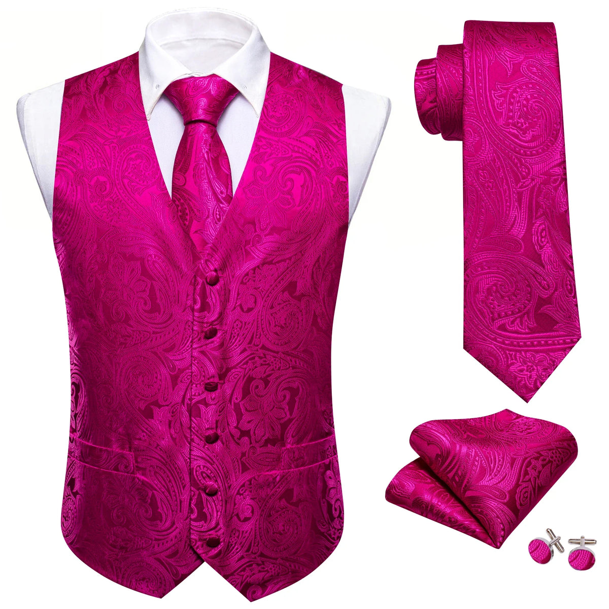 Men's Vest Set with Floral Tie Hanky and Cufflinks – Rose Pink Formal Waistcoat for Weddings and Banquets