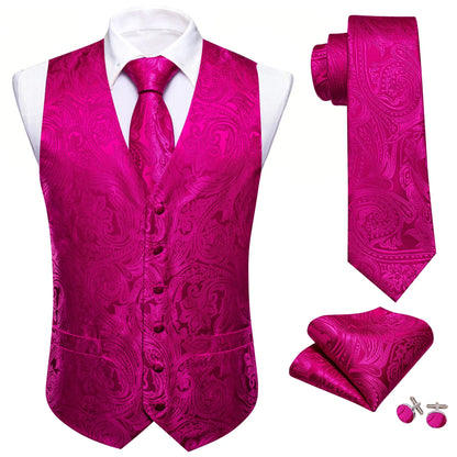 Men's Vest Set with Floral Tie Hanky and Cufflinks – Rose Pink Formal Waistcoat for Weddings and Banquets