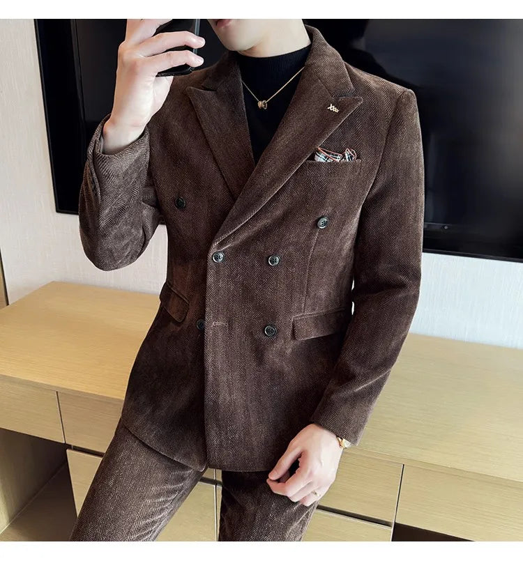 2025 Winter Woolen Men's Wedding Groom Suit Double Breasted Suit 3 Piece Set Business Casual Office Work Party Prom Dress Suits