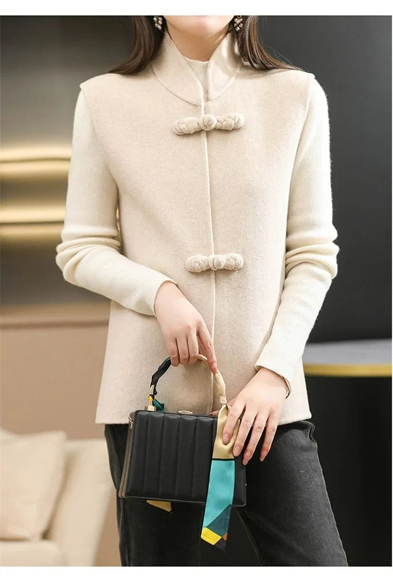 Woolen Vest Women's Standing Neck Button Chinese Style Loose Versatile Thin Wool Vest Outerwear Coat Sleeveless Jacket For Women