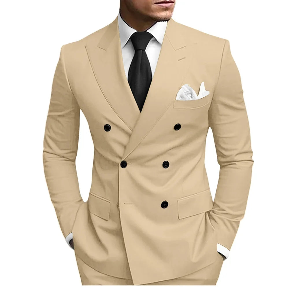 Classic Solid Suit Set 2 Pieces Jacket Pants For Men Wedding Groom Sets Double Breasted Men's Suits Banquet Tuxedo Wear XS-5XL