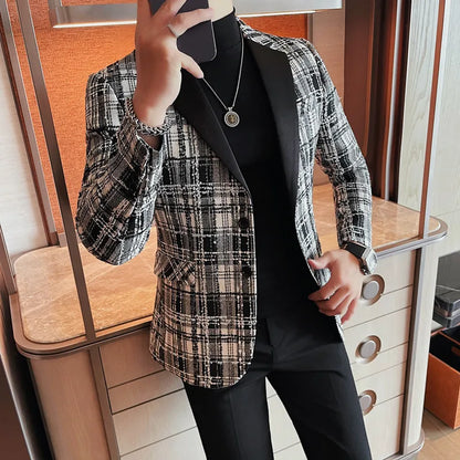 British Style Woven Suit Jacket Men Fashion Plaid Casual Business Blazer Gentleman Versatile Banquet Party Groom Wedding Coats