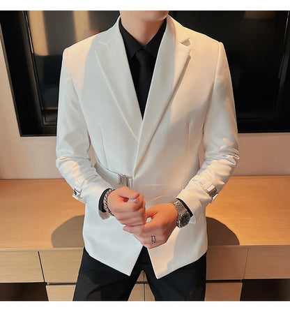 Men's Slim Fit Blazer Metal Buckle Decoration Smart Casual Wedding Party Jacket