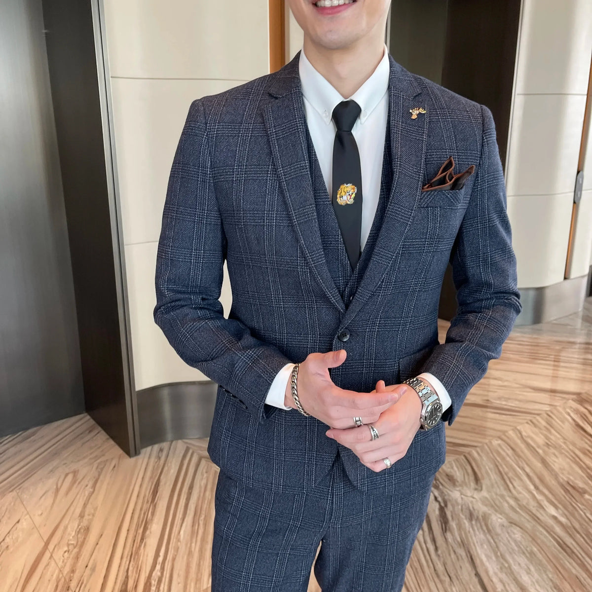 Ensemble costume trois pièces à carreaux modifié de haute qualité de style coréen britannique pour hommes - Gilet et pantalon de costume décontracté élégant