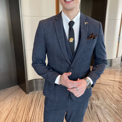 Ensemble costume trois pièces à carreaux modifié de haute qualité de style coréen britannique pour hommes - Gilet et pantalon de costume décontracté élégant