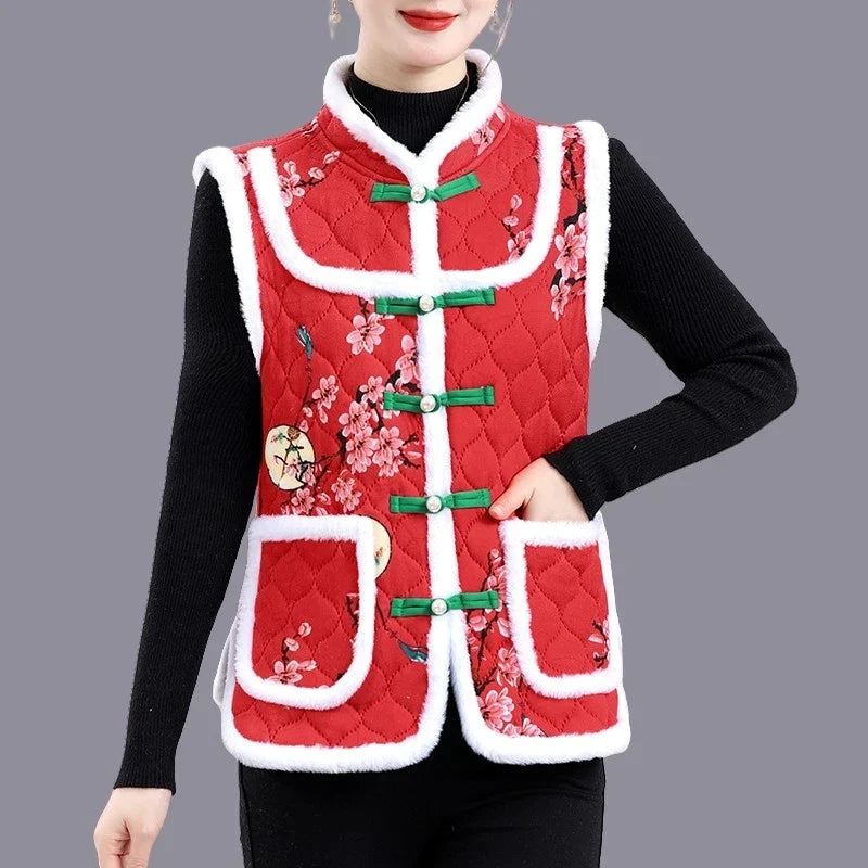Middle-aged Mother Add Velvet Warm Vest Coat Autumn Winter New Printed Fleece Sleeveless Jacket Grandma Thicken Warm Waistcoat