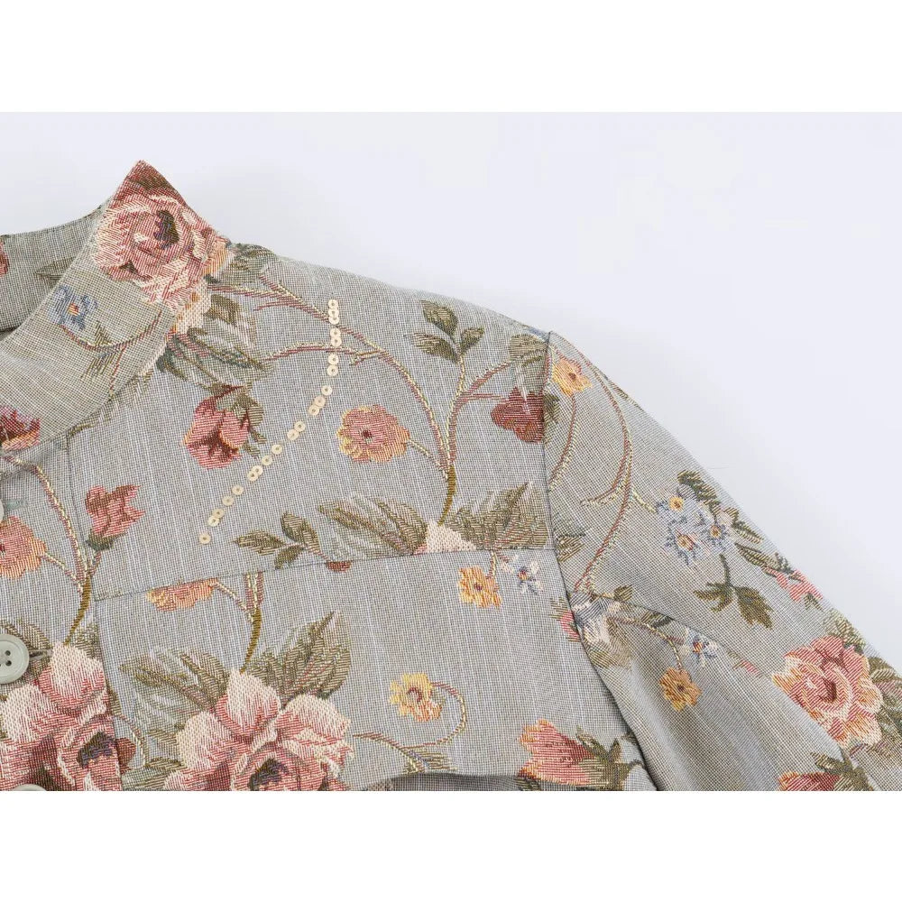 Elegant Chic Jacquard Blazers for Women New Spring & Autumn Raised Collar Buttoned Blazers with Asymmetric Hem and Patch Pockets