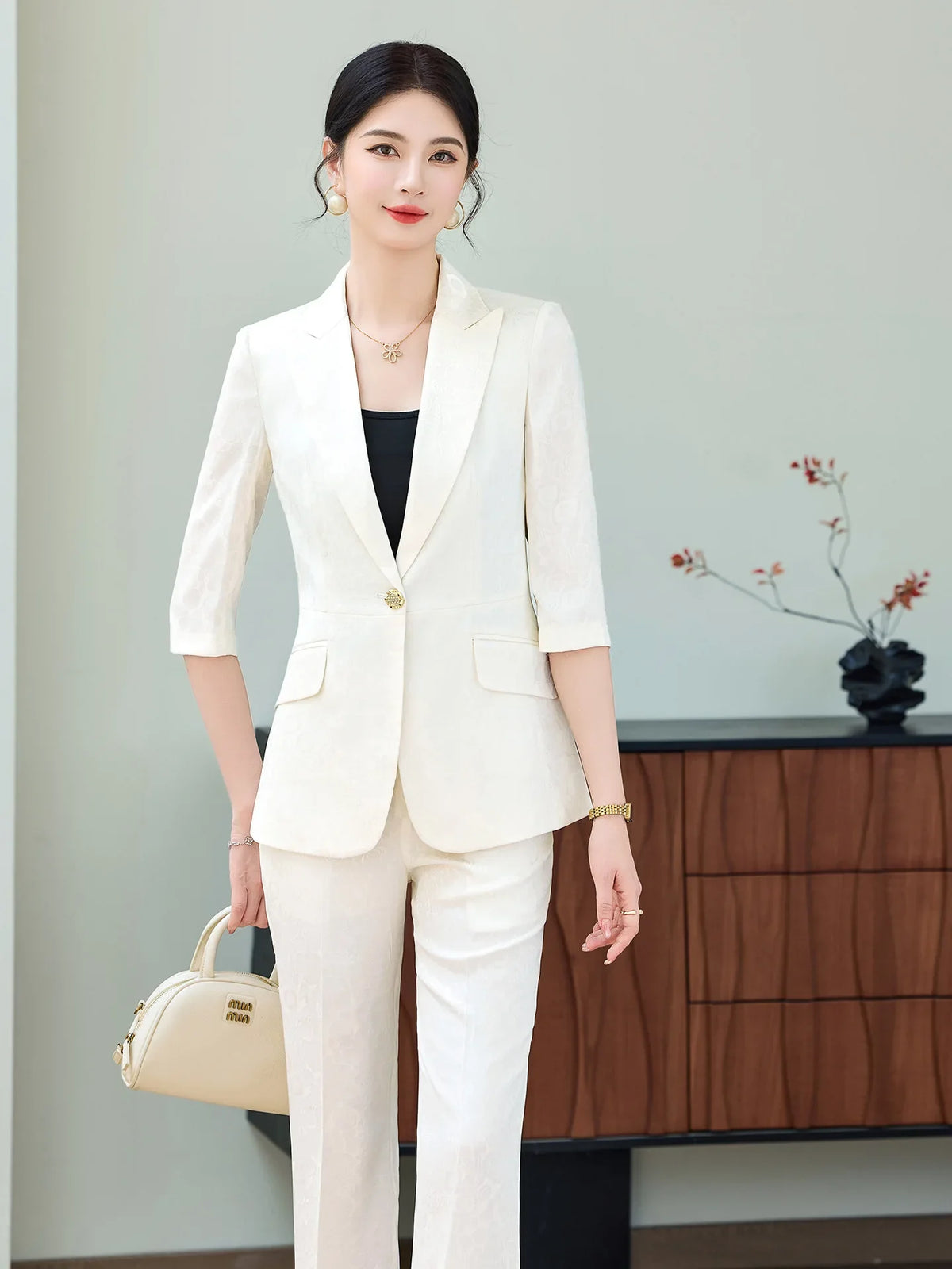 Fashion Purple Half Sleeve Professional Suit Women New Summer Elegant Formal Slim Blazer And Pants Office Ladies Work Wear