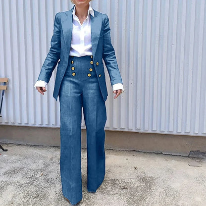 Navy Blue Women Suit Customized Single-breasted Peaked Lapel Denim Two Pieces(Blazer+Pants) Casual Daily Set for Shopping&Office
