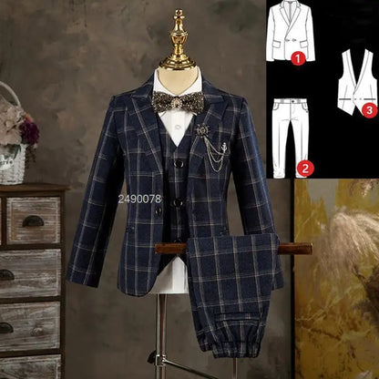 Kids Jacket Vest Pants 3PCS Photograph Dress Children Formal Wedding Suit Boys Birthday  Mariage Performance Celebration Costume