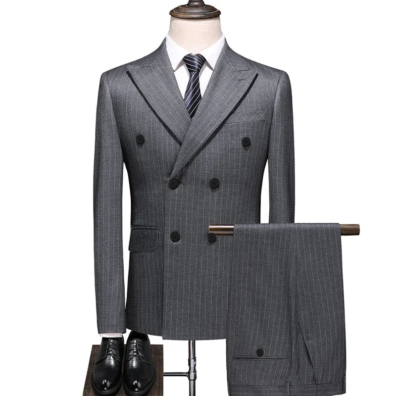 Men's Double-Breasted Slim Fit Striped Suit Set for Business, Casual & Wedding Occasions