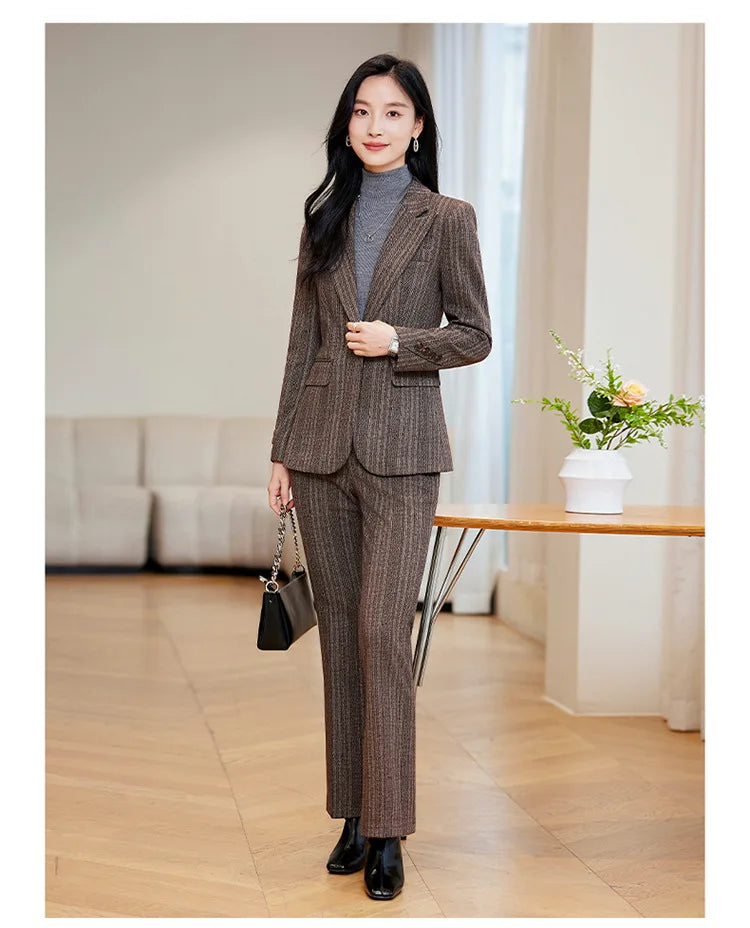 Gray Coffee Striped Ladies Formal Pant Suit Set Women Female Business Work Wear Long Sleeve 2 Piece Blazer Jacket And Trouser