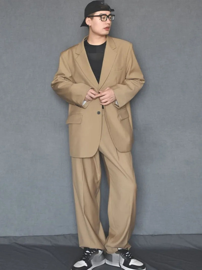 Mens Fashion Matching Set Loose Fit Single Breasted Blazers Straight Pants Business Casual Office Work Outfits Oversize Suits