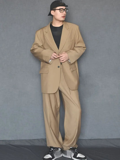 Mens Fashion Matching Set Loose Fit Single Breasted Blazers Straight Pants Business Casual Office Work Outfits Oversize Suits