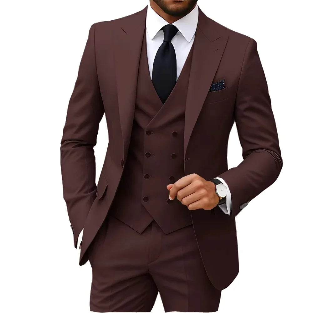 Solid Color Fashion Men Formal Business Suits Wedding Suit Slim Fit Groom Tuxedos 3 Pcs Set Dress Peak Lapel Blazer Vest Pants