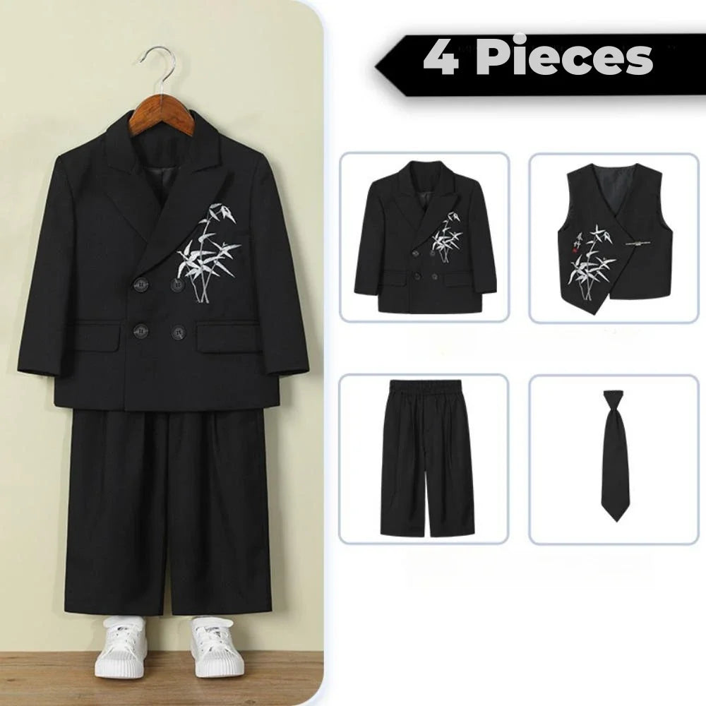 High Quality Embroidery Suit Set 4 Pieces For Kids Piano Performance,Handsome Double Breasted Boys Suits Photography Wear