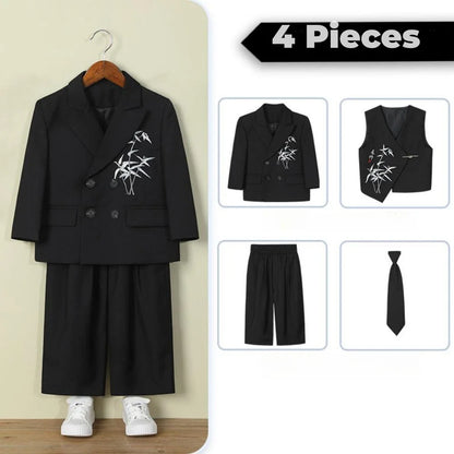High Quality Embroidery Suit Set 4 Pieces For Kids Piano Performance,Handsome Double Breasted Boys Suits Photography Wear