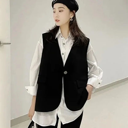 Spring Autumn Ladies Solid Sleeveless Vest Jacket Feminine V-neck Blazer Waistcoat Tops Coat Korean Women Fashion Leisure Suit