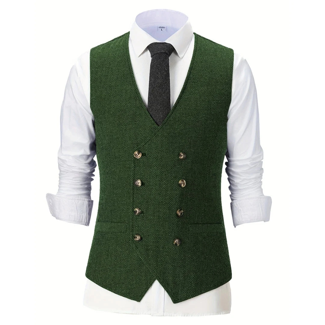 Men Vest Champagne Herringbone Double Breasted V-Neck Waistcoat for Wedding & Business