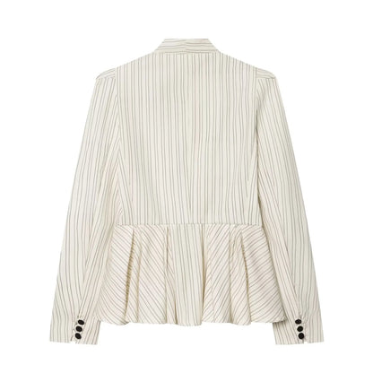 Women Fashion Striped Pleated Single Breasted Blazer Vintage V-Neck Long Sleeves Female Chic Lady Outfits