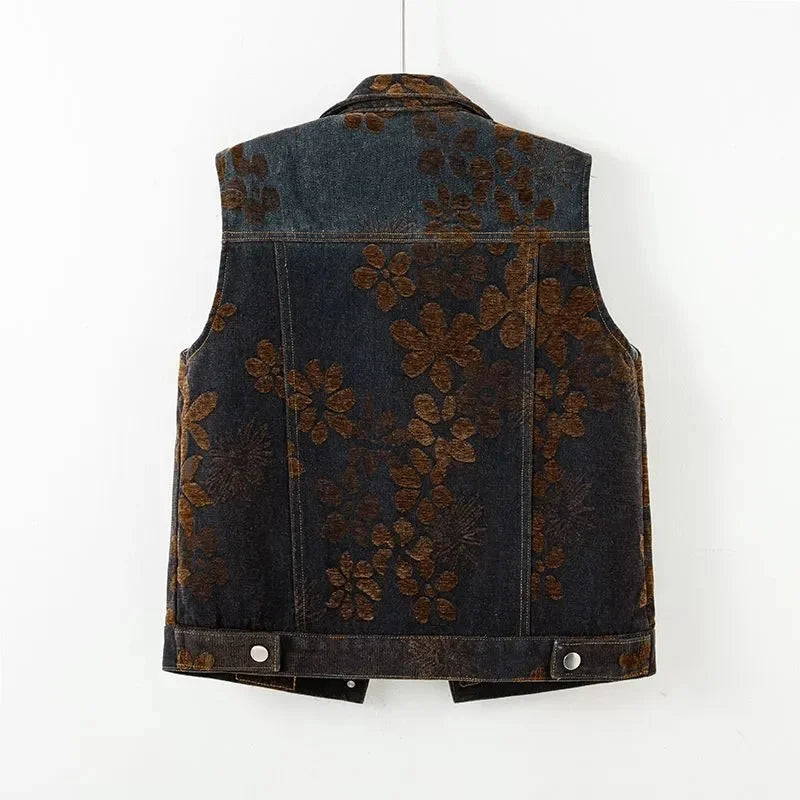 Spring Female Fashion Large Pocket Denim Vest Coat Retro Ladies Flocking Sleeveless Outwear Autumn Women Casual Waistcoat Jacket