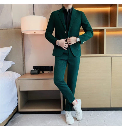 2025 New Waffle Blazers +Pant 2 Piece Set Men Fashion Business Slim Fit Solid Tuxedo Groom Wedding Prom Wear Casual Men's Sets