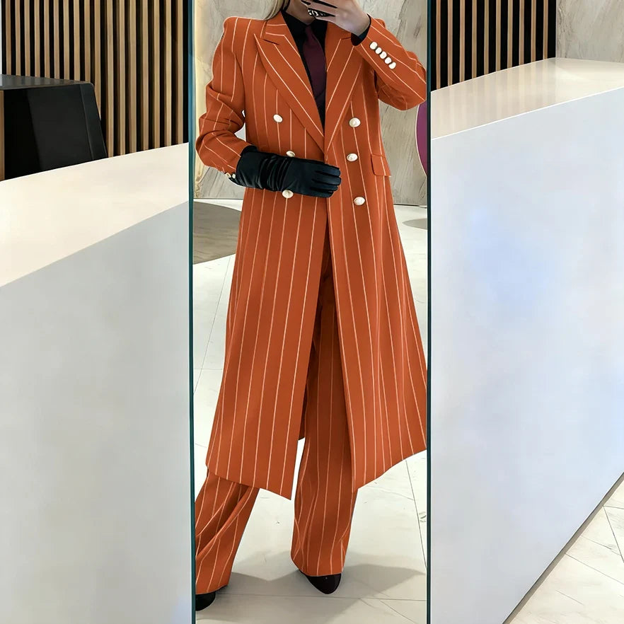 Burgundy Women's Suits Pinstripe Double Breasted Peaked Lapel Long Coat+Pants Set Elegant Formal Office Evening Party Outfit