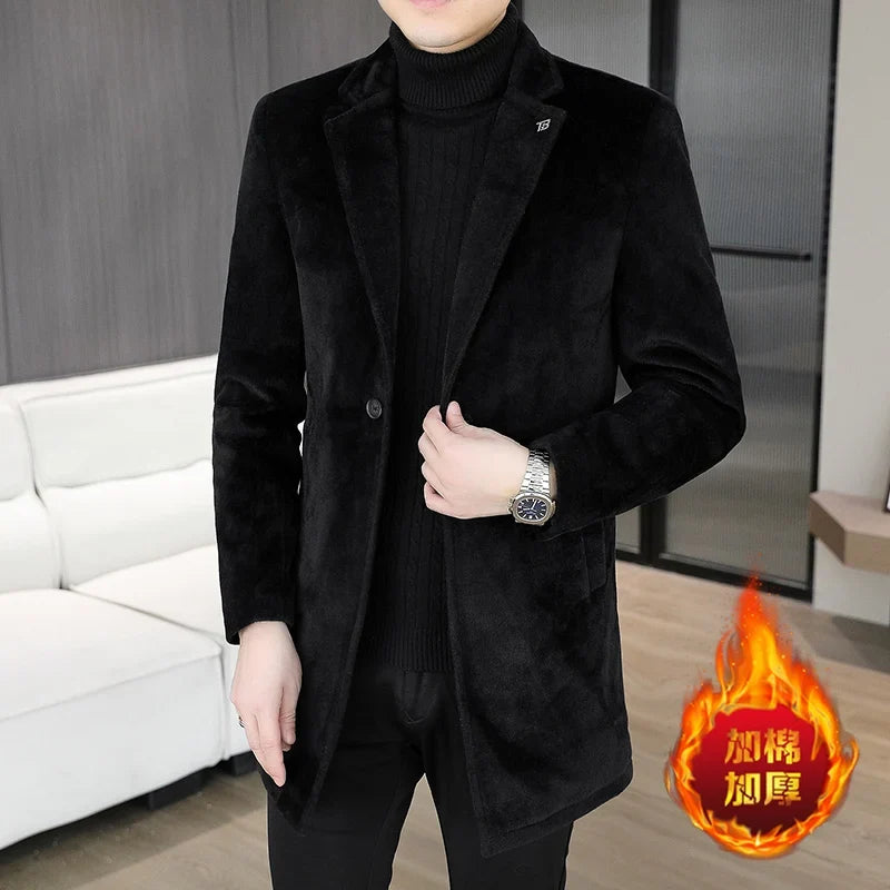 High-quality winter new style mid-length solid color men's fashionable and cool golden mink woolen trench coat with cotton