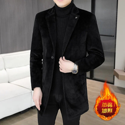 High-quality winter new style mid-length solid color men's fashionable and cool golden mink woolen trench coat with cotton