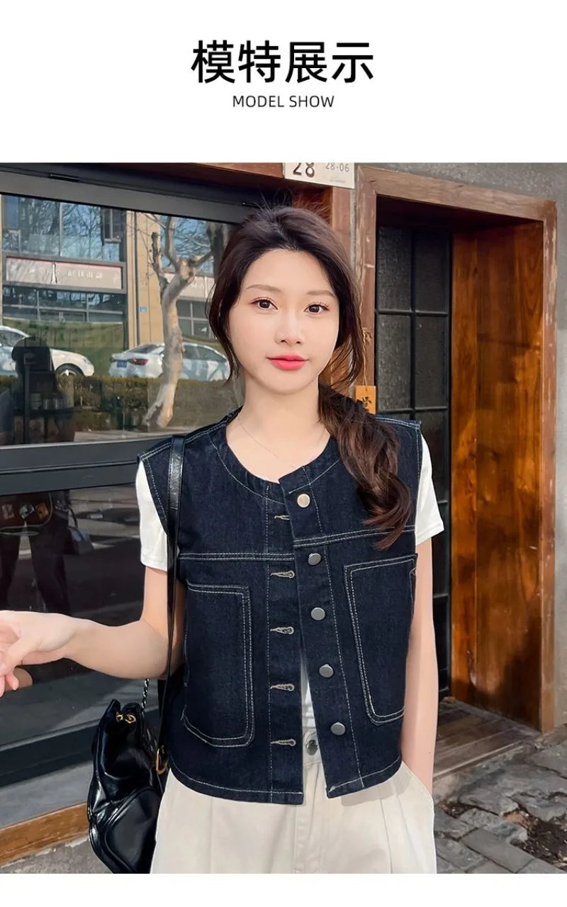 Retro Loose Thin Denim Vest Coat Women's Spring Summer Versatile Casual Sleeveless Jeans Jacket Korean Short Denim Waistcoat