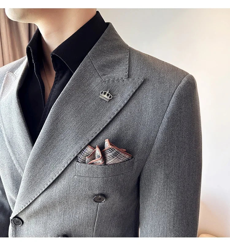 (Jacket+Pant) Fashion Double Breasted Design Men's Slim Fit Suits High Quality Italian Style Wedding Social Tuxedo Men Clothing