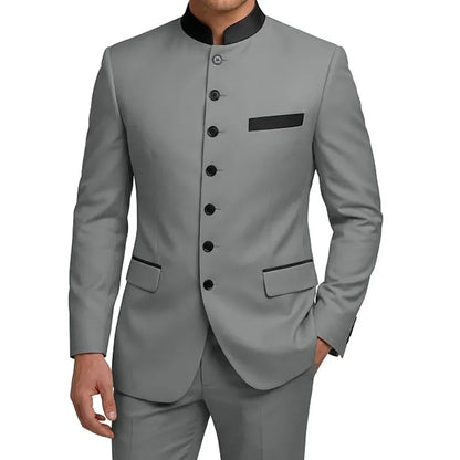 Men's 2-Piece Serge Suit Mandarin Collar Slim Fit Formal Set for Weddings and Business