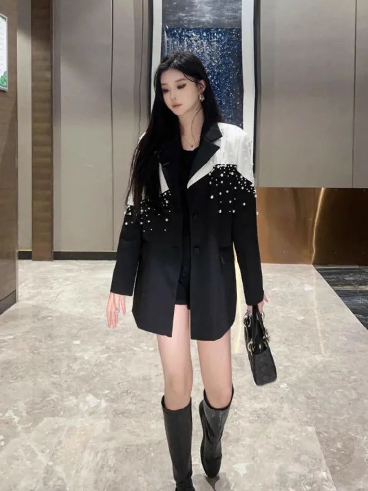 Elegant Women Autumn New Pearls Beading Mid Long Blazer Jacket Mixed Colors Loose Fit Office Ladies Suit Coat Party Outerwear