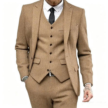 Classic Herringbone Tweed Mens Suits Stylish Vintage Tuxedo Set 3 Pieces Blazer Vest and Pant For Wedding Business Evening Party
