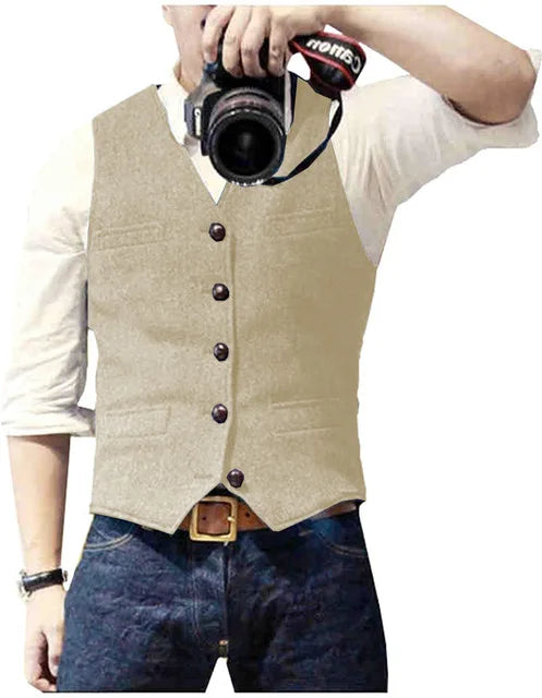Men's Waistcoat Herringbone Wool Blend V-Neck Single Breasted Vest for Weddings and Smart Casual