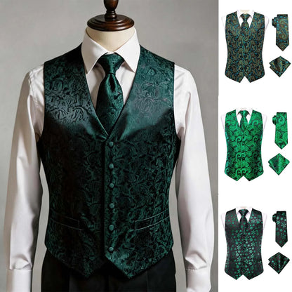 Men's Vest Set Double Breasted Waistcoat with Tie and Pocket Square for Party and Ceremony