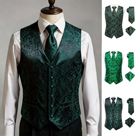 Men's Vest Set Double Breasted Waistcoat with Tie and Pocket Square for Party and Ceremony