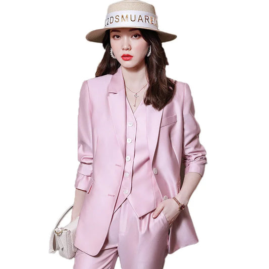 Fashion Elegant Pink High-End Small Business Suit Coat2022Autumn and Winter Elegant Vest Suit Three-Piece Korean Women's Clothin