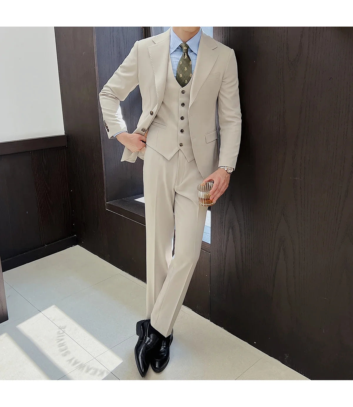 ( Jacket+Vest+Pants ) ltalian Style Luxury High-end Fashion Solid Color Mens Business Slim Suit 3Piece Set Groom Wedding Tuxedo