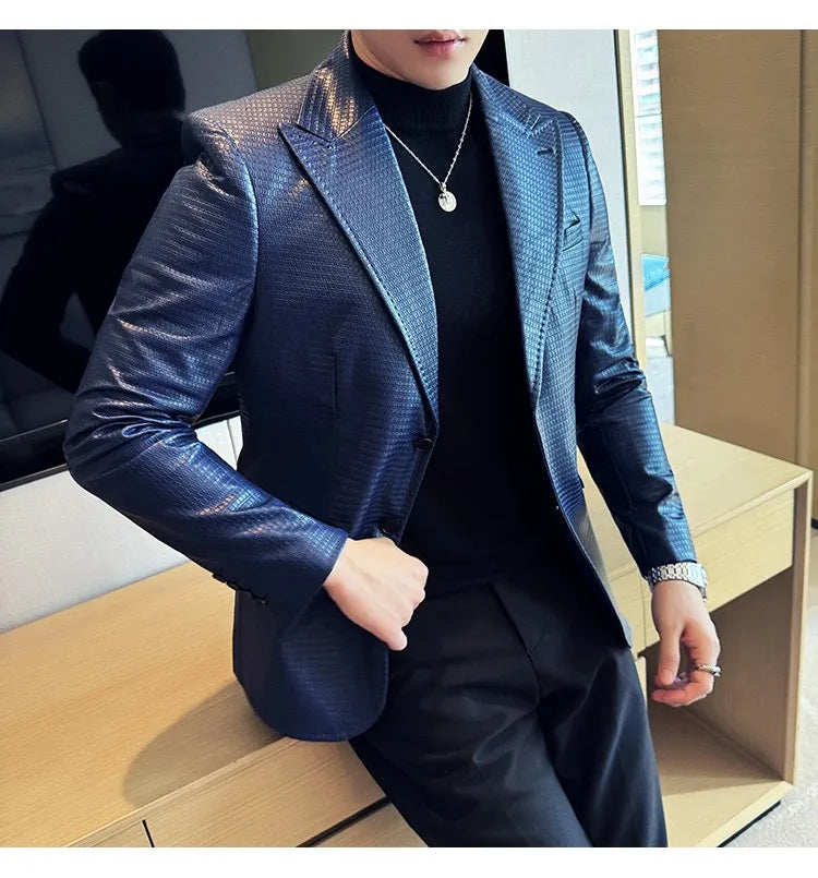 Korean Waffle Leather Suit Jacket Men's Business Casual PU Leather Blazer Slim Fit Wedding Groom Office Social Formal Coats 2026