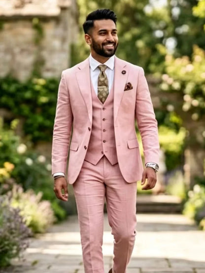 New Linen Men's Suits 3 Pieces Summer Beach Wedding Outfit Casual Breathable Notched Lapel Slim Fit Tuxedo For Birthday Party