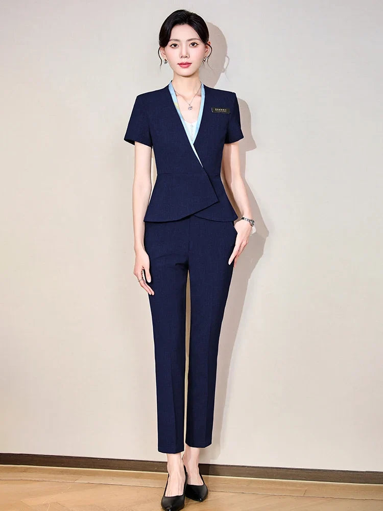 Fashionable professional women's clothing, high-quality short-sleeved suit jacket + pants set, slim and comfortable