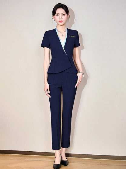 Fashionable professional women's clothing, high-quality short-sleeved suit jacket + pants set, slim and comfortable