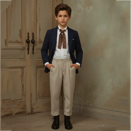 Classic Notched Lapel Suit For Boys Contrast Color Single Breasted Formal Party Festive Costume Children Clothing Two Piece