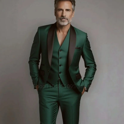 Classic Style 3 Piece Slim Fit Green Men Suit Groom Tuxedos Shawl Lapel Single Breasted Blazer Vest Pants Set Party Men Clothing