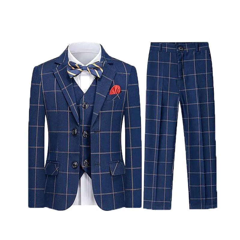 Gentleman Kids Blue 4Piece/Set Jacket Vest Pants Bowtie Photograph Suit Boys Piano Dress Children Graduation Performance Costume